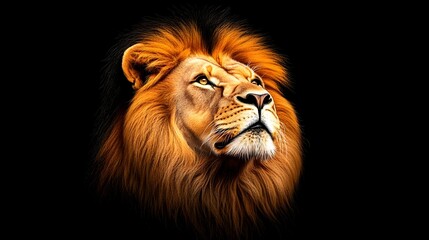 Naklejka premium Majestic lion's head, golden mane, intense gaze upward against a stark black background, digitally enhanced