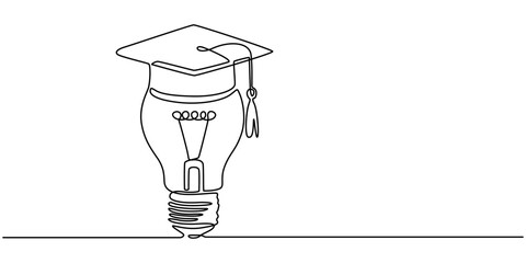 One single line drawing of light bulb wearing graduation hat logo identity. Smart education academy logotype icon template concept, Light bulb and graduation cap continuous line drawn. Creative smart.