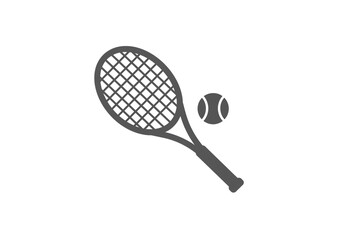 A gray tennis racket with strings and a tennis ball on a white background in a simple vector style