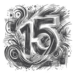 Obraz premium Vintage Hand-Drawn Sketch Style Number 15 Illustration – Typography Engraving for Numerical Design, Stickers, Label, and T-Shirts