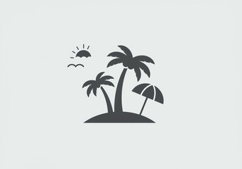 A simple dark gray graphic of a tropical island with palm trees sun birds and an umbrella on a light gray back
