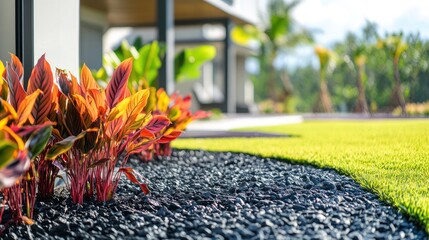 Vibrant foliage accents a modern home's landscaping, featuring dark gravel and artificial turf