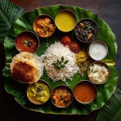 Overhead shot of traditional kerala sadhya meal served on banana leaf with various curries and rice