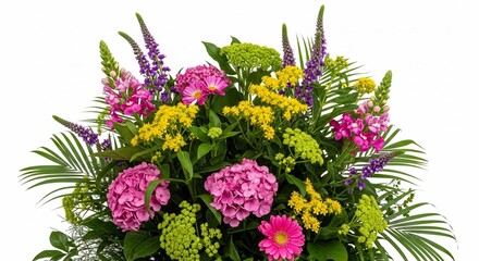 Stunning floral display of pink hydrangeas and yellow clusters, creating a lively and beautiful gift.

