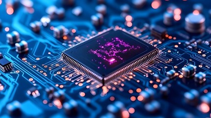 Close-up of a computer processor chip glowing with purple data streams on a circuit board
