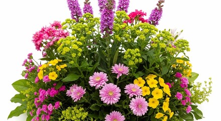 Lush and colorful flower arrangement with a mix of pink, yellow, and purple blossoms, perfect for celebrations.
