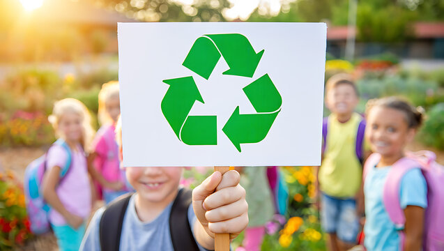 Young students promote environmental awareness by displaying the recycling symbol at school