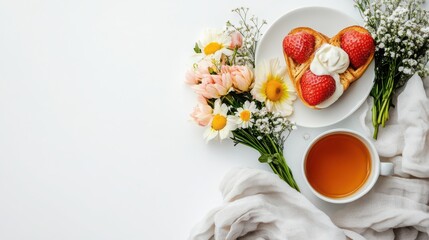 Heart Shaped Toast with Strawberries and Whipped Cream on a Plate with Flowers and Tea
