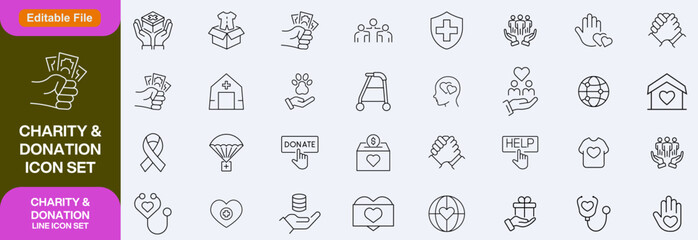 Charity and Donation set of web icons in line style. Volunteering and donation icons for web and mobile app. Help, caring, solidarity, alms, donate, volunteer, care, charity and more. Editable stroke