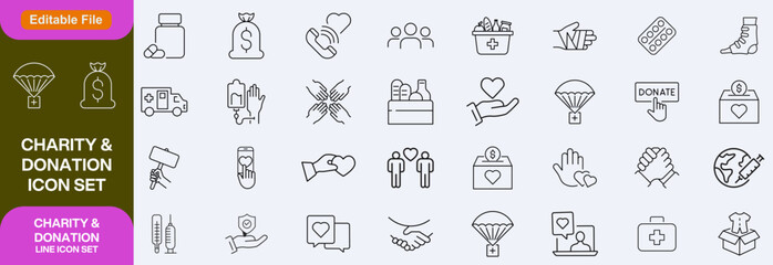 Charity and Donation set of web icons in line style. Volunteering and donation icons for web and mobile app. Help, caring, solidarity, alms, donate, volunteer, care, charity and more. Editable stroke