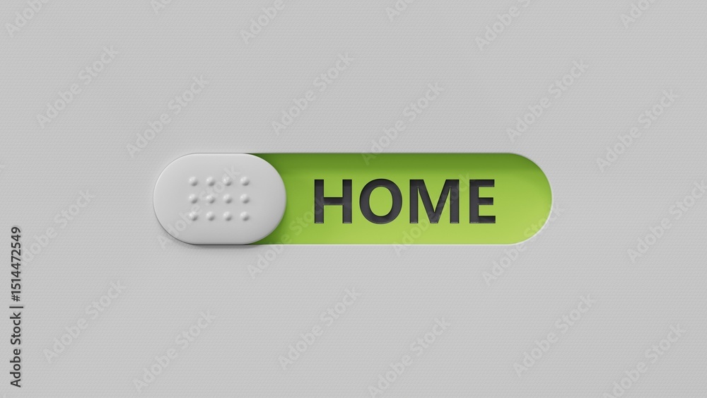 Poster Home.slide switch spelling.Flat lay view from above on slide switch buttons.IT technology concept.3D rendering on green background.