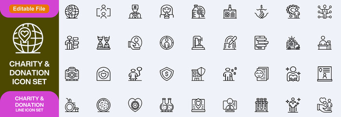 Charity and Donation set of web icons in line style. Volunteering and donation icons for web and mobile app. Help, caring, solidarity, alms, donate, volunteer, care, charity and more. Editable stroke