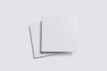 White front and back view of square cover book with grey background color for mockup template