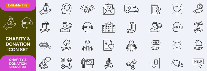 Charity and Donation set of web icons in line style. Volunteering and donation icons for web and mobile app. Help, caring, solidarity, alms, donate, volunteer, care, charity and more. Editable stroke
