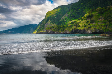 Stunning beach view with black sand, Seixal, Madeira Island