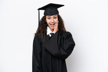 Young university graduate Arab woman isolated on white background with surprise and shocked facial...