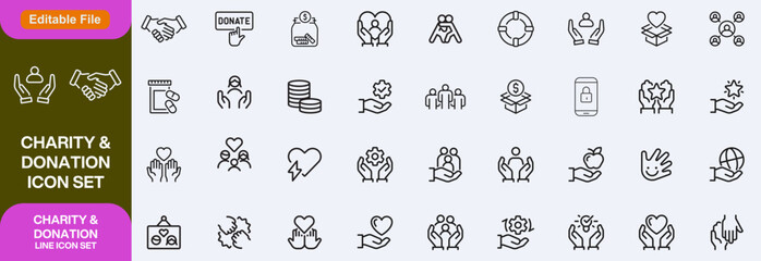 Charity and Donation set of web icons in line style. Volunteering and donation icons for web and mobile app. Help, caring, solidarity, alms, donate, volunteer, care, icon Set design