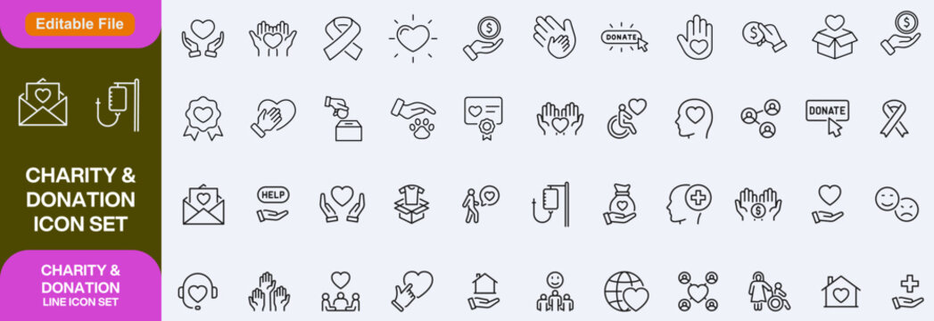 Charity and Donation set of web icons in line style. Volunteering and donation icons for web and mobile app. Help, caring, solidarity, alms, donate, volunteer, care, icon Set design - Powered by Adobe