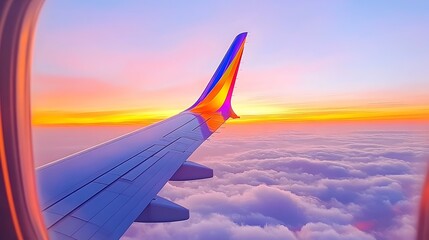 Obraz premium Airplane wing and vibrant sunset viewed through an aircraft window above a sea of clouds