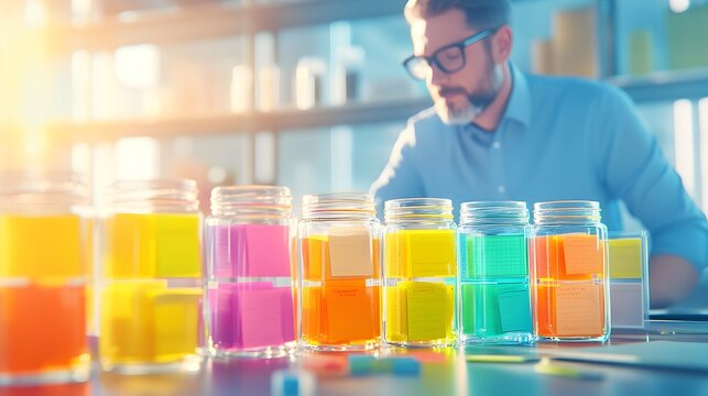 Colorful sticky notes in glass jars on a desk, a man works in the background, bathed in sunlight