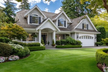A beautiful suburban home with a perfectly manicured lawn and landscaping