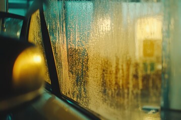 Washing a car from inside the cabin with a view through foggy windows at a car wash, Washing a car view from the cabin covering windows with a foam at self car wash