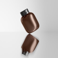 Oval shape lotion bottle mockup, falt oval shape shampoo and hair conditioner packaging, short amber glass bottle with flipcap, brown plastic sqeeze bottle, UV protective skincare bottle container
