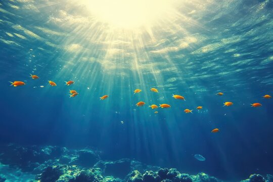 Underwater beauty with vibrant fish swimming in sunlit waters at midday, underwater beauty and swimming fish seamless ing time  lapse virtual Photo Background