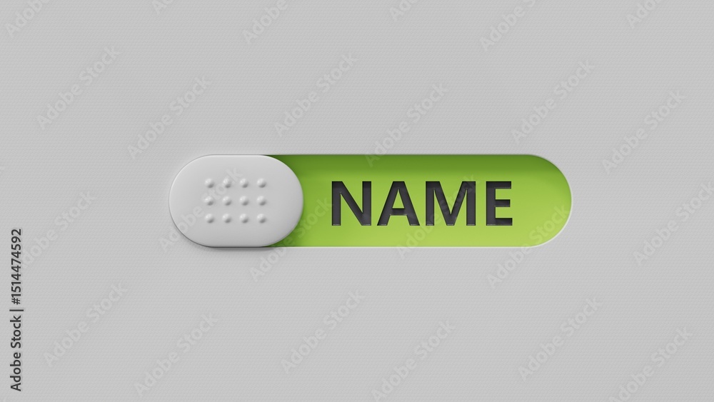 Poster concept word name on slide switch.close up of slide switch,business concept.3d rendering on green ba