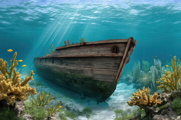 Obraz premium Sunlit underwater shipwreck scene with coral reef