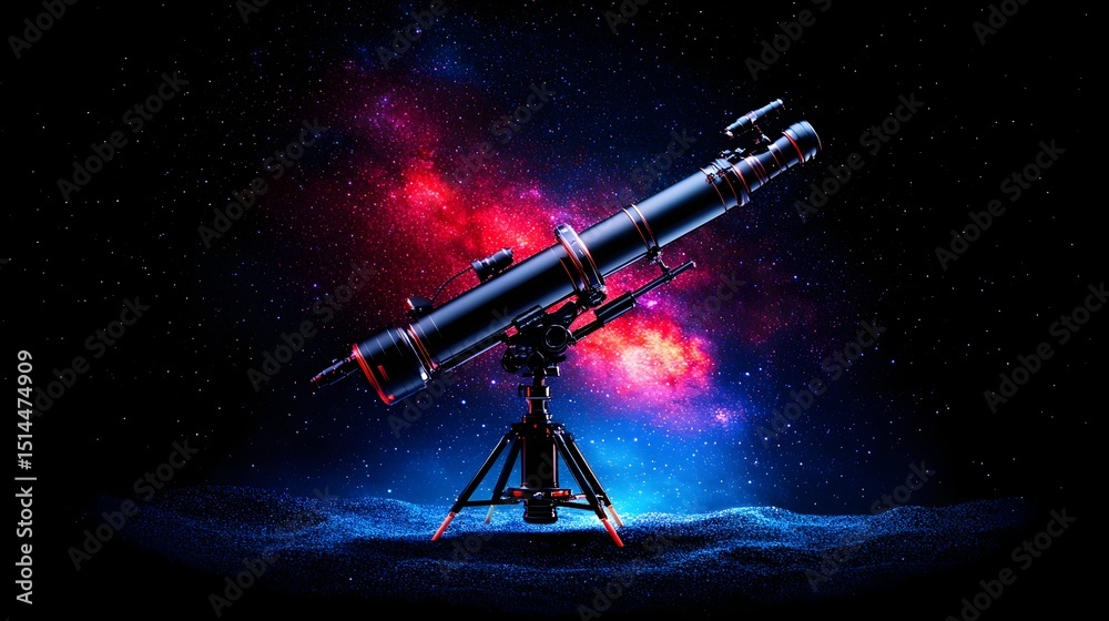 Wall mural a black refracting telescope on a tripod, pointed towards a vibrant nebula backdrop of red and blue 