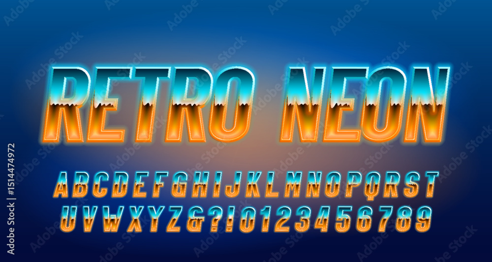 Fototapete retro neon alphabet font. 3d neon 80s style letters and numbers. stock vector typeface for your desi