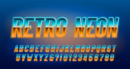 Retro Neon alphabet font. 3d neon 80s style letters and numbers. Stock vector typeface for your design.