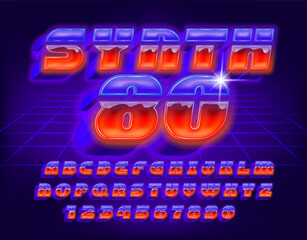 Synth 80 alphabet font. 3d neon 80s style letters and numbers. Stock vector typeface for your design.