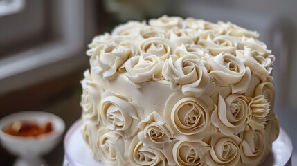 A close up view of a white cake decorated with rose shaped frosting on a white surface in soft lighting