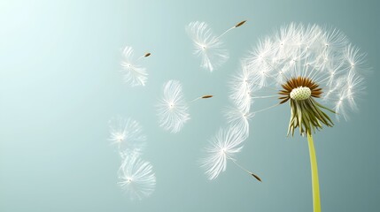 A dandelion clock dispersing seeds on a gentle breeze against a soft blue-green background.  The seeds are airborne, creating a sense of lightness and ephemerality