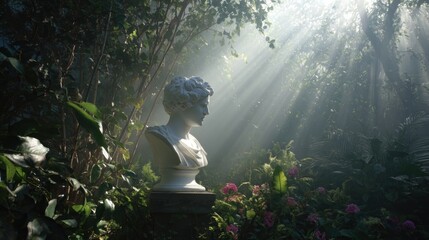 Serene Garden Statue: A Classical Bust in Sunlit Foliage