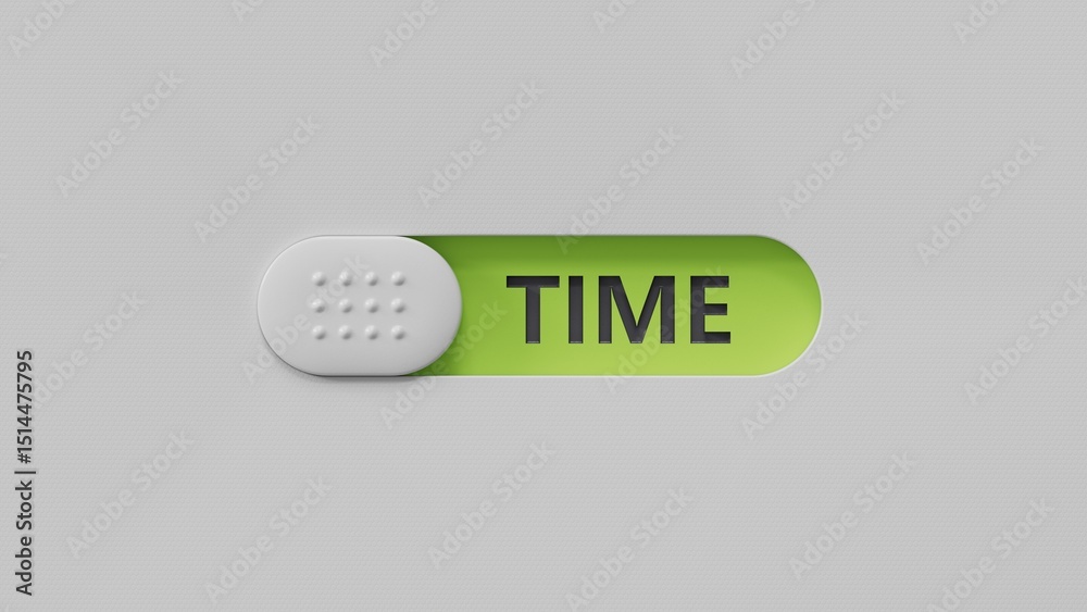 Poster Time.slide switch spelling.Flat lay view from above on  slide switch buttons.IT technology concept.3D rendering on green background.