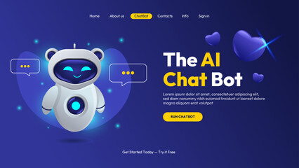 Colorful landing page with cute AI chatbot robot, speech bubbles, and glowing hearts. Modern futuristic UI concept for websites, apps, or digital technology promotion.