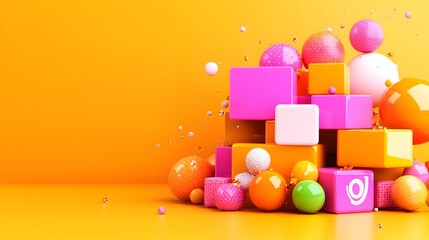 Vibrant orange background features a dynamic composition of glossy pink, orange, and white cubes and spheres of varying sizes, some appearing to float