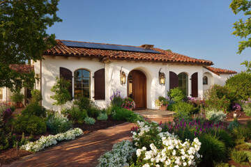 Fototapeta premium Mediterranean style home with solar panels and landscaped garden