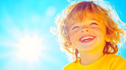 Fototapeta premium A joyful toddler with freckles laughs, backlit by a bright sun against a vibrant blue sky