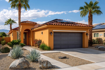 Fototapeta premium Desert oasis home with solar panels and landscaping