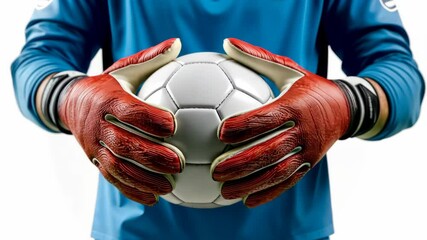 Soccer player is holding a white soccer ball in his hands. The ball is surrounded by red gloves, which are likely soccer gloves. Concept of sportsmanship and teamwork - Powered by Adobe