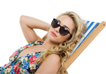 Summer Fashion Blonde Woman Relaxing in Floral Dress Sunglasses isolated on transparent background