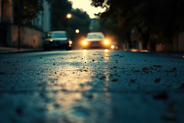 Evening drive along a slick road with headlights illuminating the way, Moving Over Road Surface In The Evening