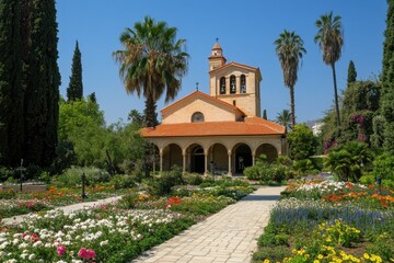 Beautiful gardens surround the Church of the Beatitudes in a serene landscape, The Church of the Beatitudes surroundings