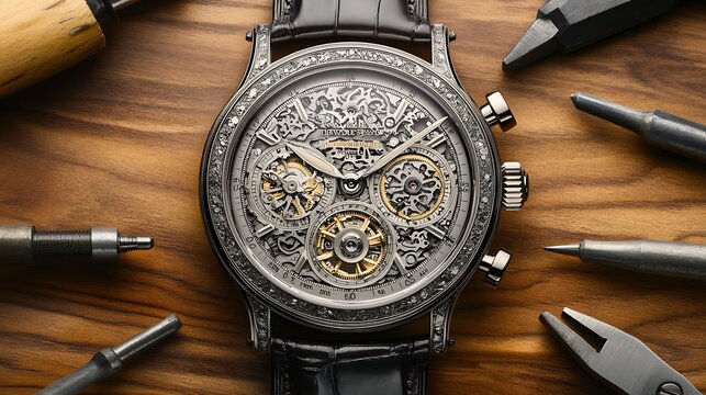 Close-up of intricately designed luxury watch surrounded by watchmaking tools