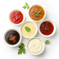 Assorted Sauces Ketchup, BBQ, Mayo in White Bowls, Condiments ,Dips