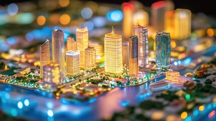 Illuminated miniature city model at night.  Urban cityscape, lights, detailed structures